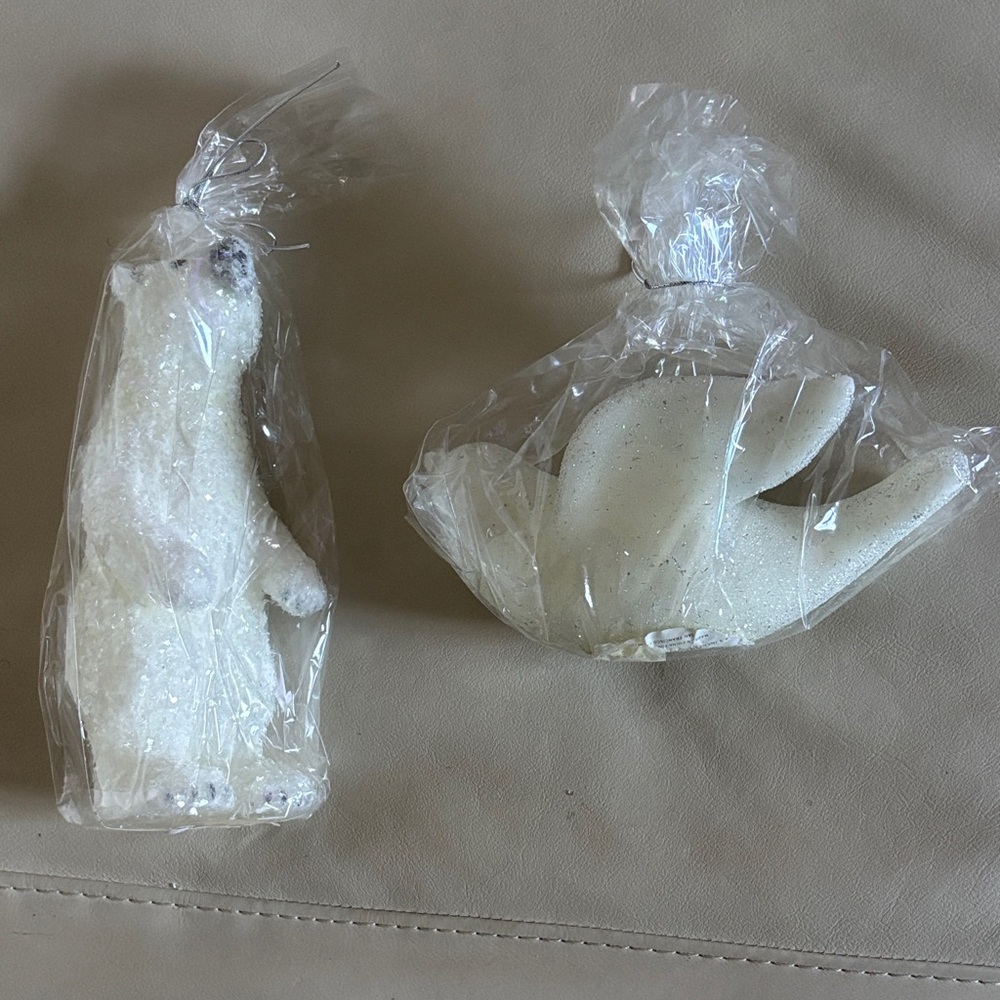 Glitter beaded polar bear and dove candles